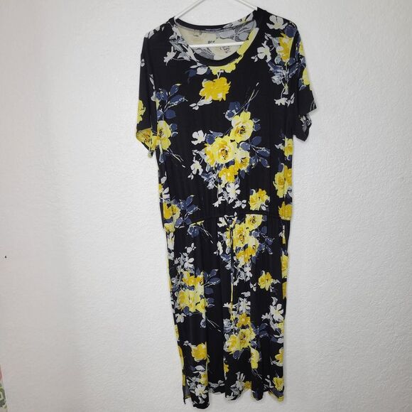 Simier Fariry XXL Black Yellow Floral Print Short Sleeve Casual Mini Dress - Picture 2 of 11